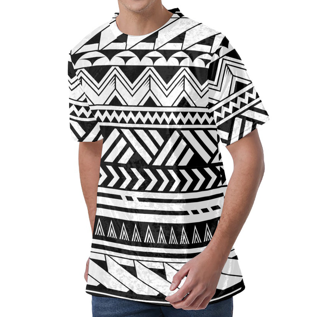 Black And White Polynesian Pattern Print Men's Velvet T-Shirt