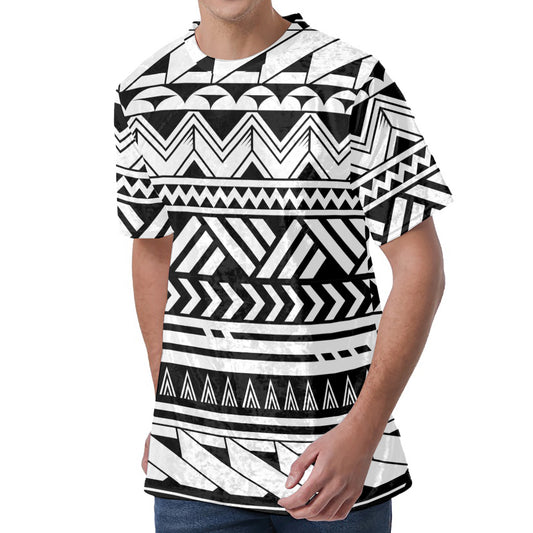Black And White Polynesian Pattern Print Men's Velvet T-Shirt