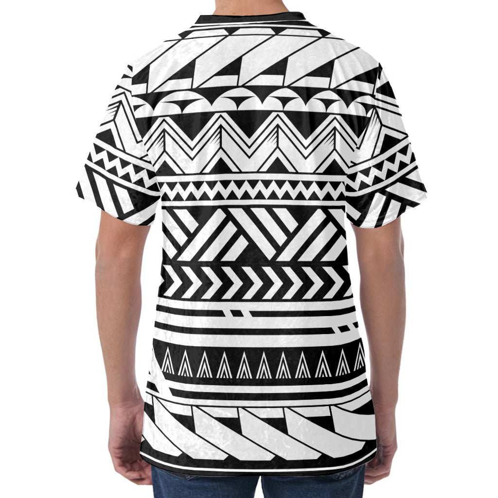Black And White Polynesian Pattern Print Men's Velvet T-Shirt