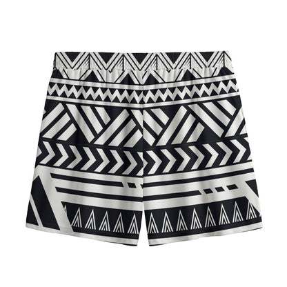 Black And White Polynesian Pattern Print Mesh Shorts