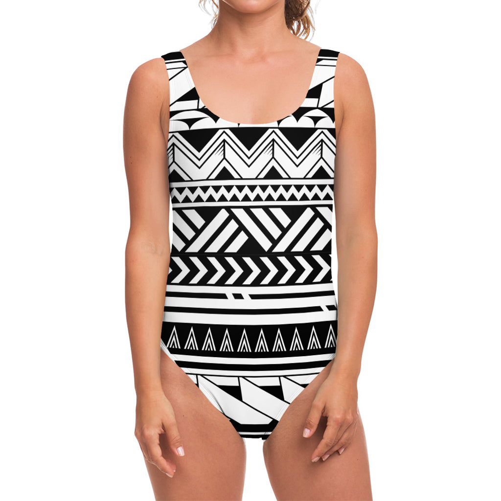 Black And White Polynesian Pattern Print One Piece Swimsuit