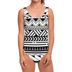 Black And White Polynesian Pattern Print One Piece Swimsuit