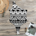 Black And White Polynesian Pattern Print One Shoulder Bodysuit