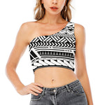 Black And White Polynesian Pattern Print One Shoulder Crop Top