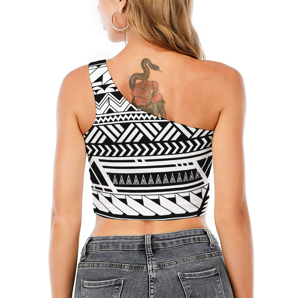Black And White Polynesian Pattern Print One Shoulder Crop Top