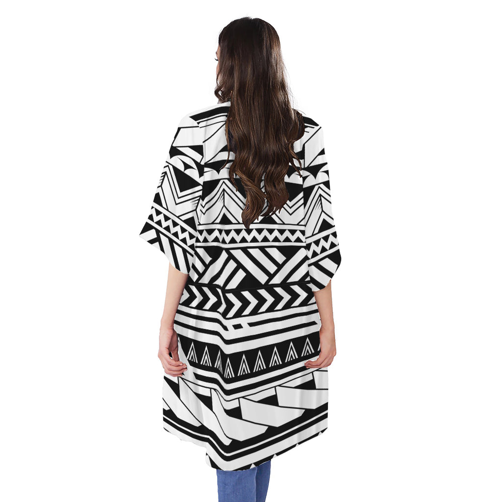 Black And White Polynesian Pattern Print Open Front Beach Cover Up