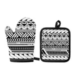 Black And White Polynesian Pattern Print Oven Mitt And Pot Holder Set