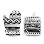 Black And White Polynesian Pattern Print Oven Mitt And Pot Holder Set
