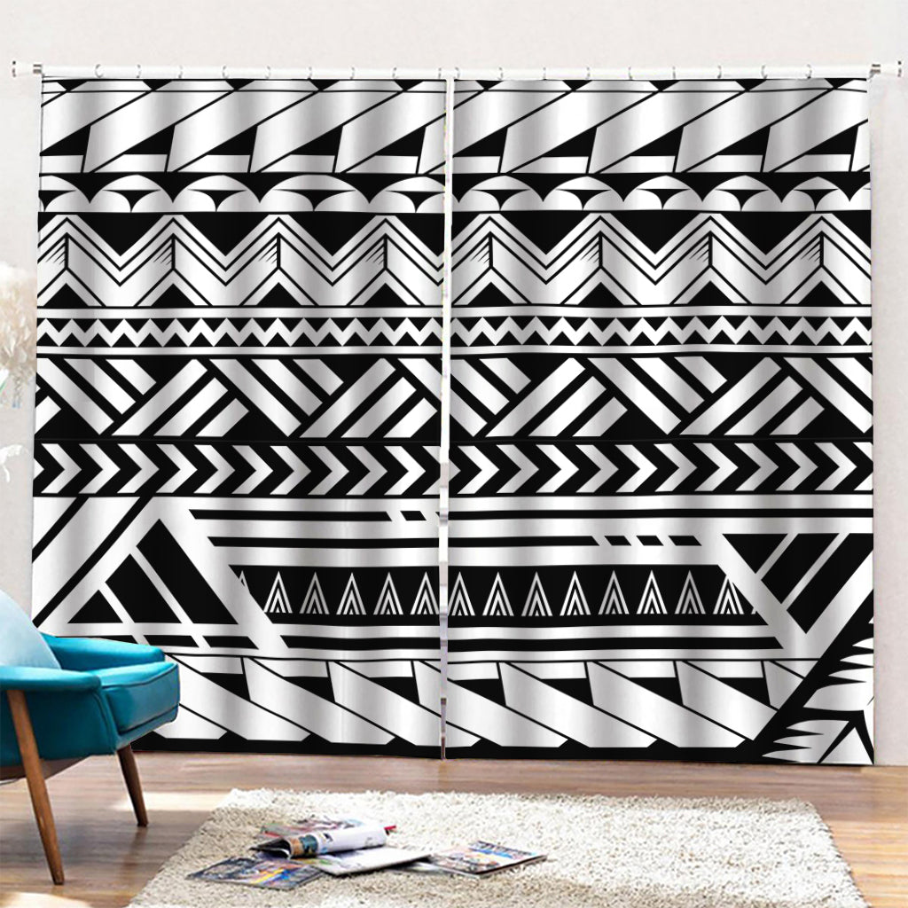 Black And White Polynesian Pattern Print Pencil Pleat Curtains