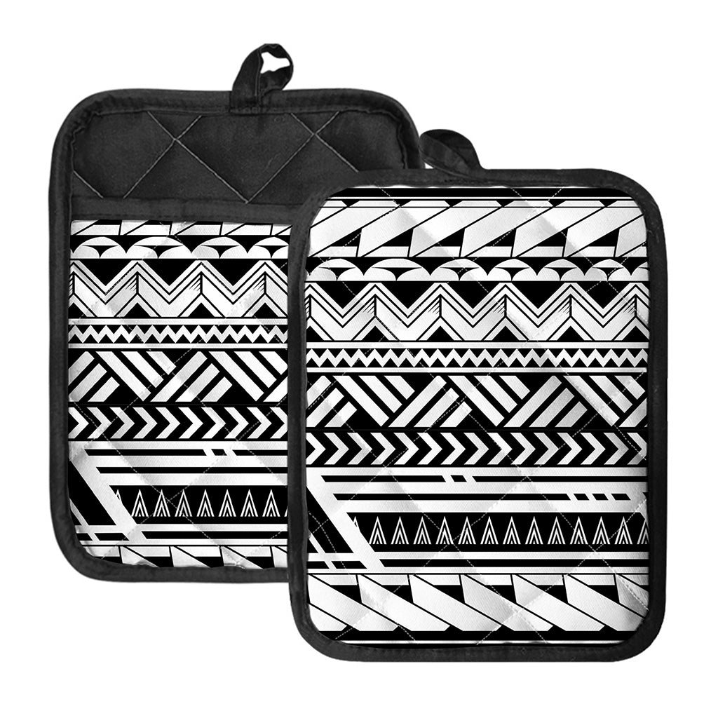Black And White Polynesian Pattern Print Pot Holders With Pocket