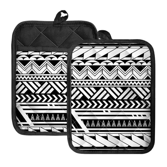 Black And White Polynesian Pattern Print Pot Holders With Pocket