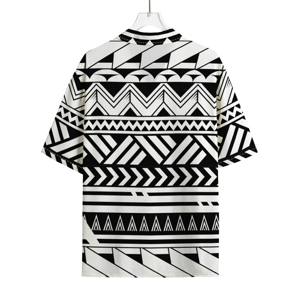 Black And White Polynesian Pattern Print Rayon Hawaiian Shirt