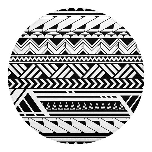 Black And White Polynesian Pattern Print Round Blanket
