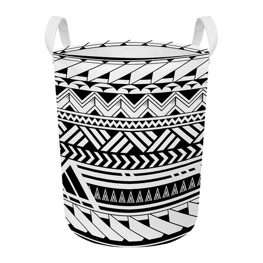 Black And White Polynesian Pattern Print Round Laundry Basket