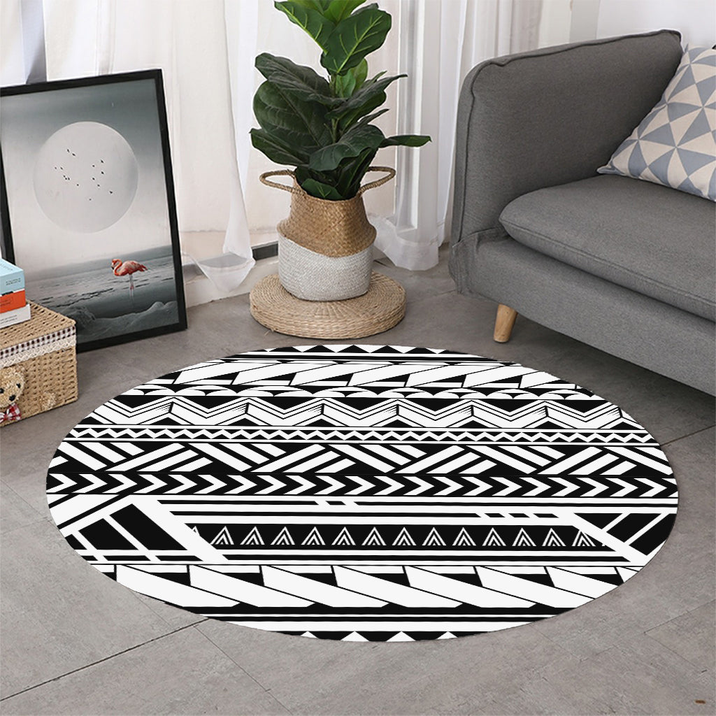 Black And White Polynesian Pattern Print Round Rug