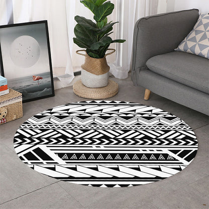 Black And White Polynesian Pattern Print Round Rug
