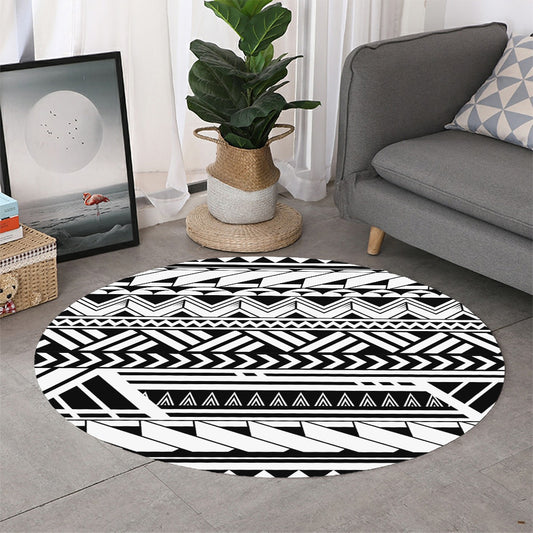 Black And White Polynesian Pattern Print Round Rug