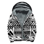 Black And White Polynesian Pattern Print Sherpa Lined Zip Up Hoodie