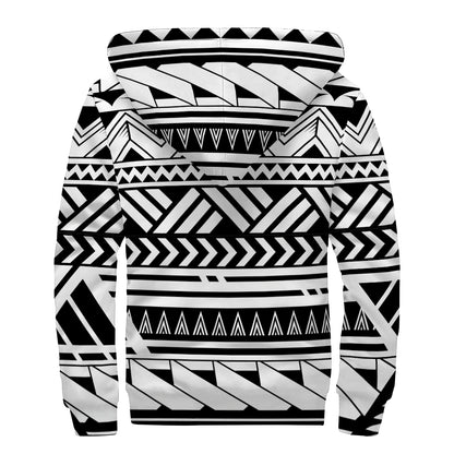 Black And White Polynesian Pattern Print Sherpa Lined Zip Up Hoodie