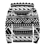 Black And White Polynesian Pattern Print Sherpa Lined Zip Up Hoodie