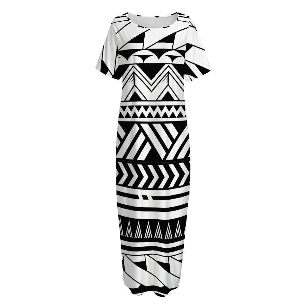 Black And White Polynesian Pattern Print Short Sleeve Long Nightdress