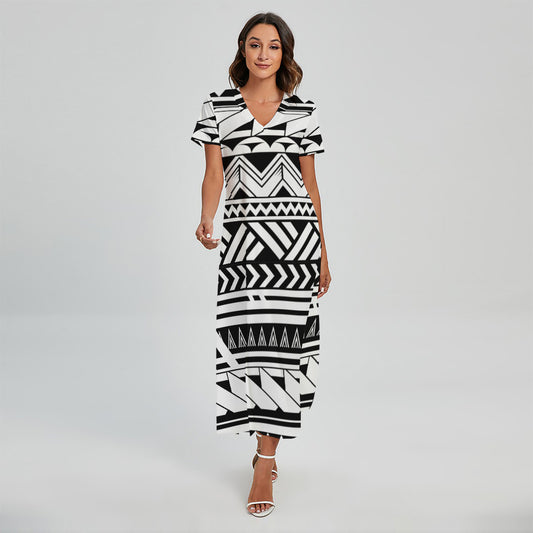 Black And White Polynesian Pattern Print Short Sleeve Maxi Dress