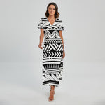 Black And White Polynesian Pattern Print Short Sleeve Maxi Dress