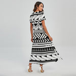Black And White Polynesian Pattern Print Short Sleeve Maxi Dress