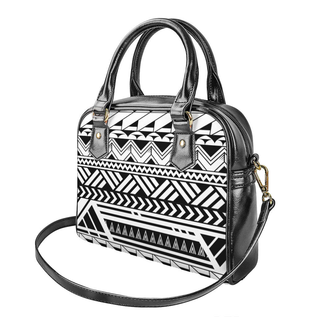 Black And White Polynesian Pattern Print Shoulder Handbag