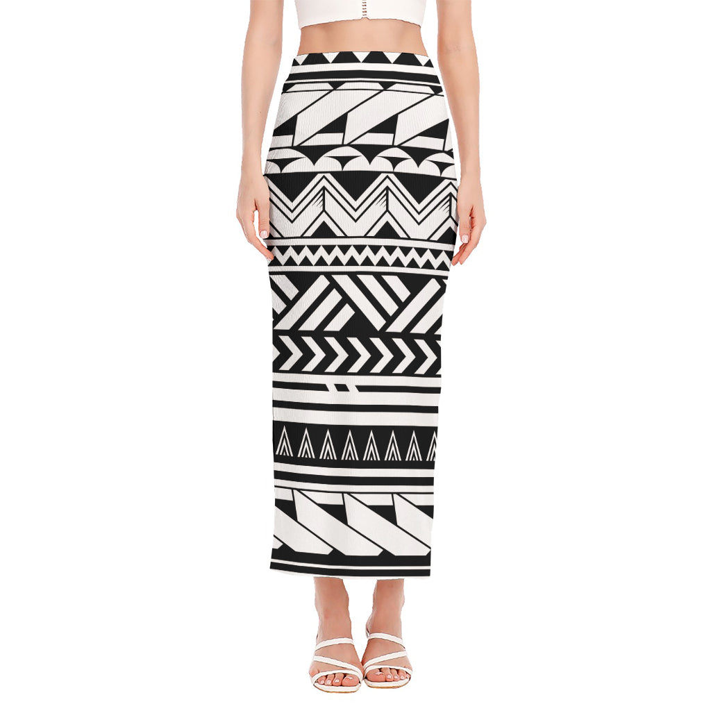 Black And White Polynesian Pattern Print Side Slit Maxi Skirt