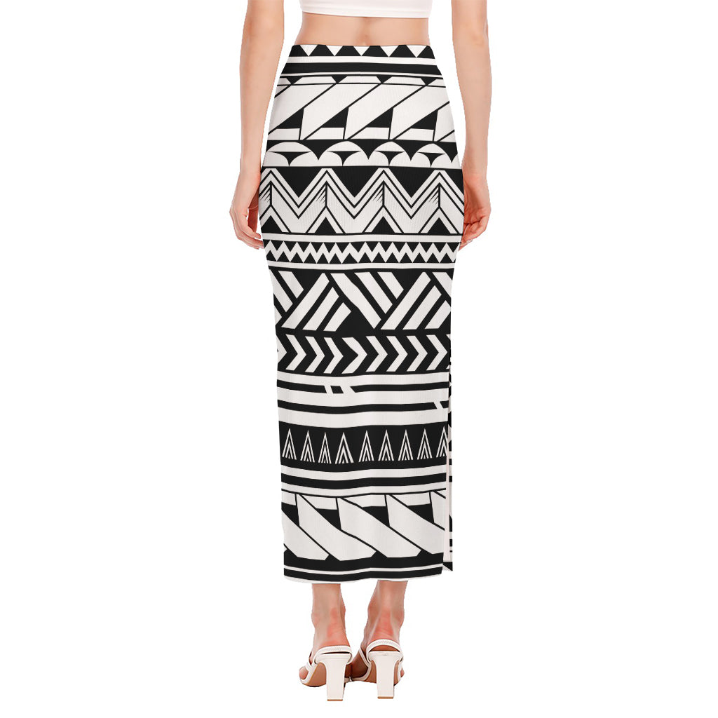 Black And White Polynesian Pattern Print Side Slit Maxi Skirt