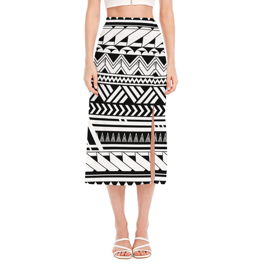 Black And White Polynesian Pattern Print Side Slit Midi Skirt