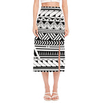 Black And White Polynesian Pattern Print Side Slit Midi Skirt