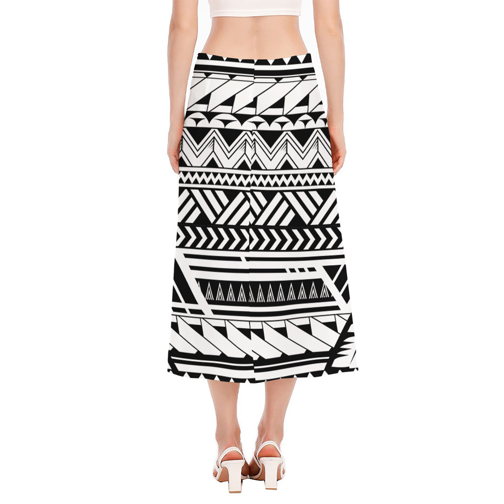 Black And White Polynesian Pattern Print Side Slit Midi Skirt