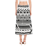 Black And White Polynesian Pattern Print Side Slit Midi Skirt