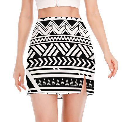 Black And White Polynesian Pattern Print Side Slit Mini Skirt