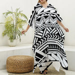 Black And White Polynesian Pattern Print Silk V-Neck Kaftan Dress