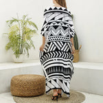 Black And White Polynesian Pattern Print Silk V-Neck Kaftan Dress