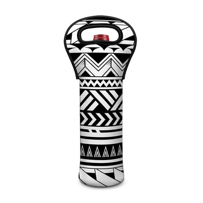 Black And White Polynesian Pattern Print Single Neoprene Wine Tote