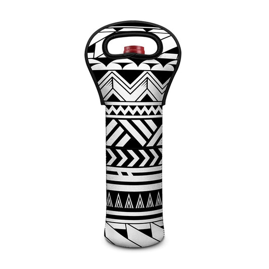 Black And White Polynesian Pattern Print Single Neoprene Wine Tote