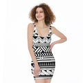 Black And White Polynesian Pattern Print Sleeveless Bodycon Dress