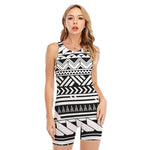 Black And White Polynesian Pattern Print Sleeveless One Piece Swimsuit
