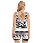 Black And White Polynesian Pattern Print Sleeveless One Piece Swimsuit