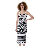 Black And White Polynesian Pattern Print Slim Fit Midi Cami Dress