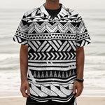 Black And White Polynesian Pattern Print Textured Short Sleeve Shirt