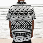 Black And White Polynesian Pattern Print Textured Short Sleeve Shirt