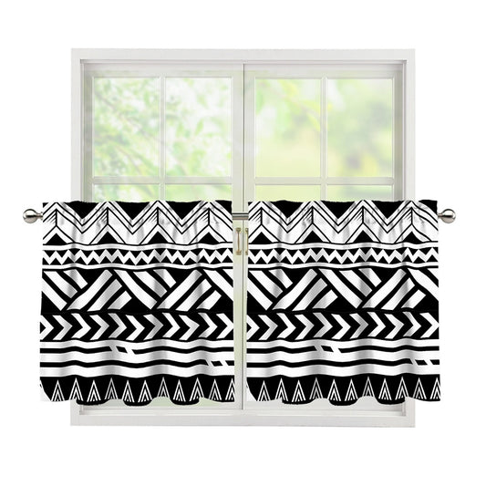 Black And White Polynesian Pattern Print Tier Curtains