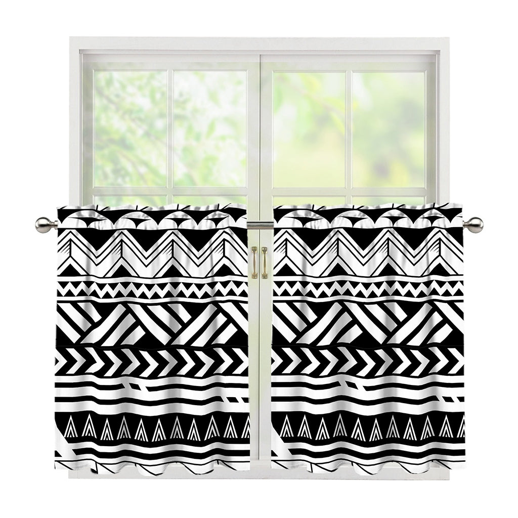 Black And White Polynesian Pattern Print Tier Curtains