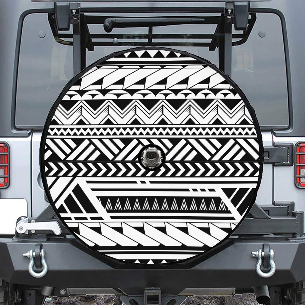 Black And White Polynesian Pattern Print Tire Cover With Camera Hole