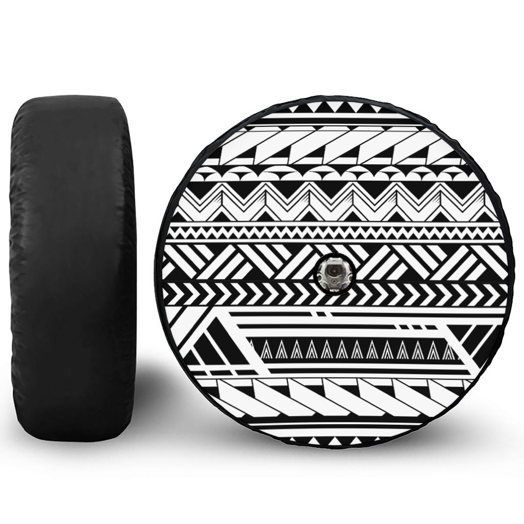 Black And White Polynesian Pattern Print Tire Cover With Camera Hole